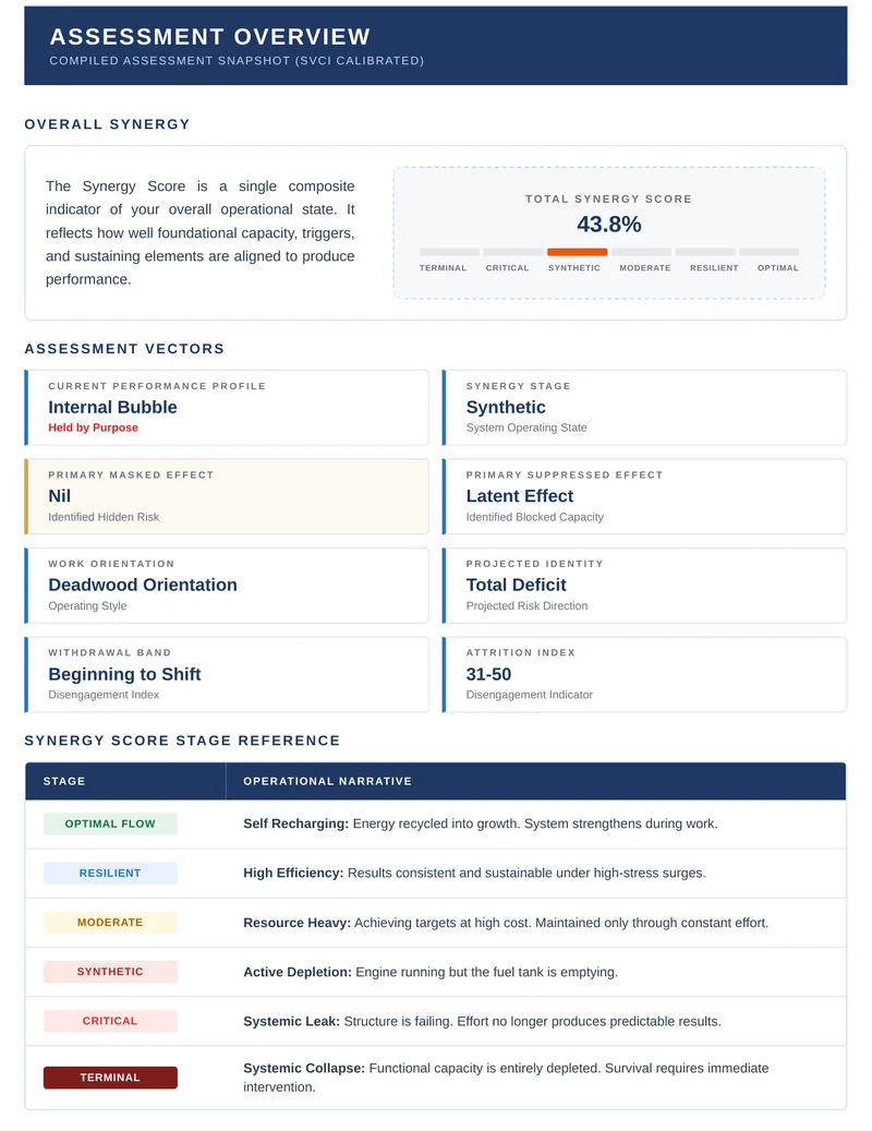 P-SAP sample report page: Assessment Overview showing the total Synergy Score, synergy stage, performance profile, work orientation and attrition index